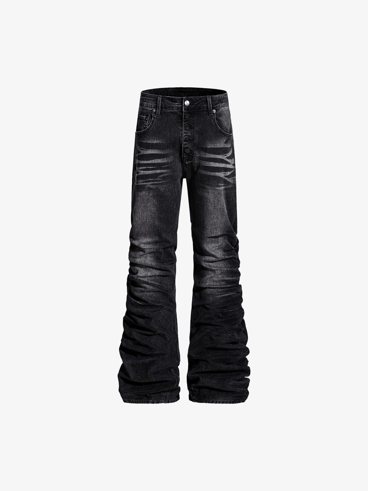 Washed Black Flared Jeans im Stacked-Look mit Knopfleiste – Washed Black, Vorderseite flach | XoKool