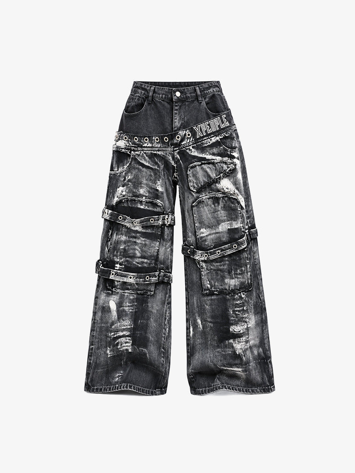 Washed Black Strap Jeans with Gothic Letter Print – Black, front flat | XoKool