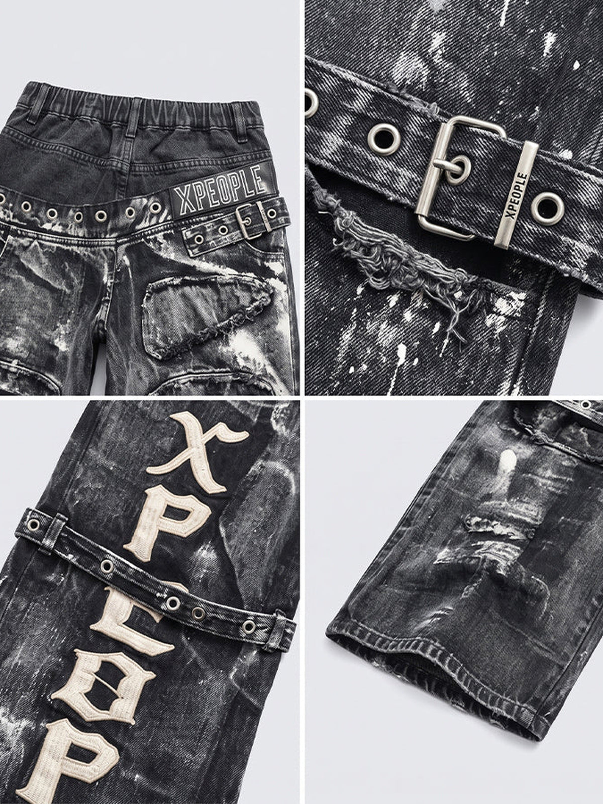 Black strap jeans – detail collage: waist, buckle, letters, hem | XoKool