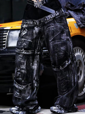 Washed Black Strap Jeans with Gothic Letter Print – on model, front close | XoKool