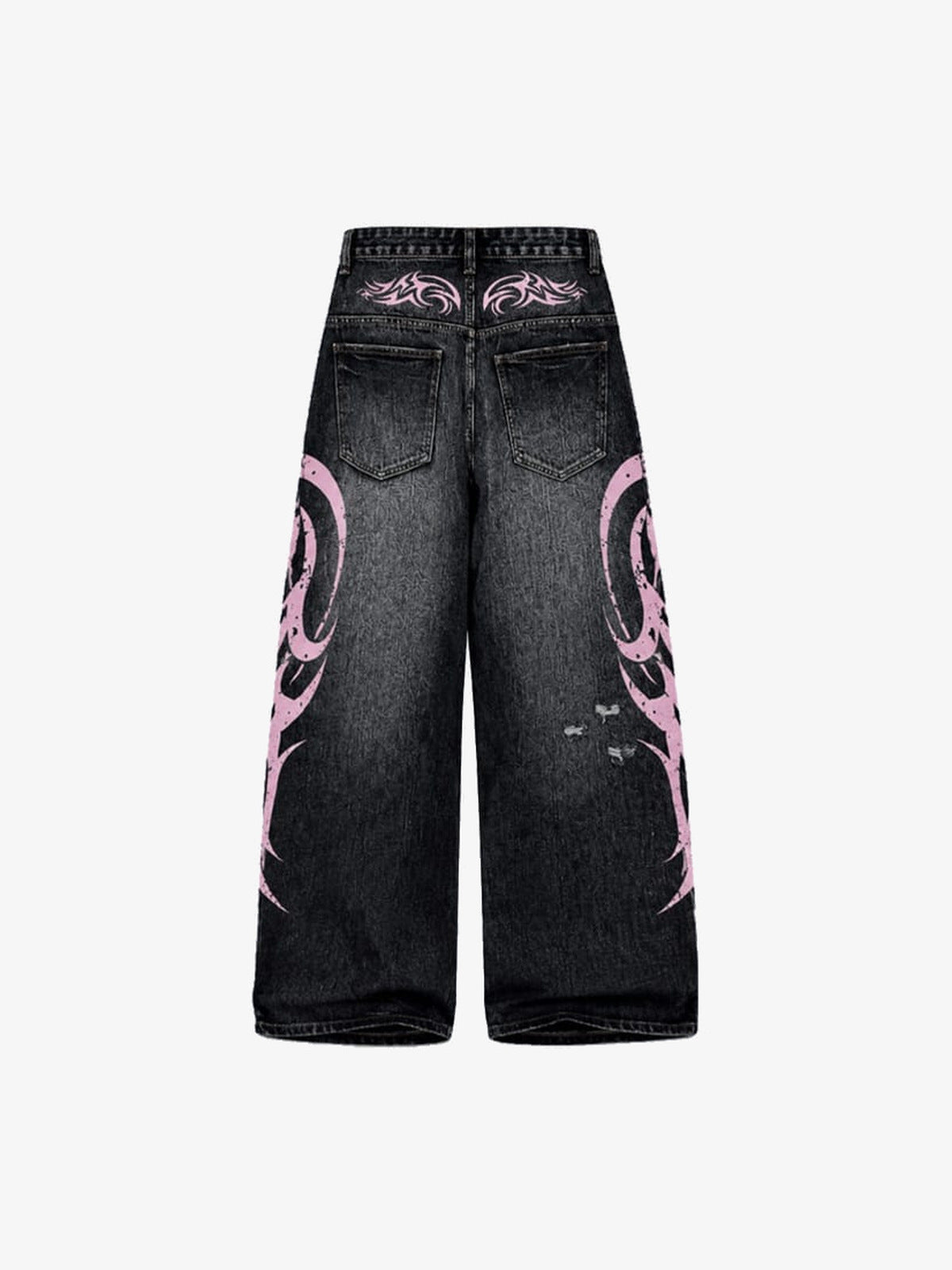 Washed Black Tribal Jeans mit pinkem Print – Rückansicht flach | XoKool