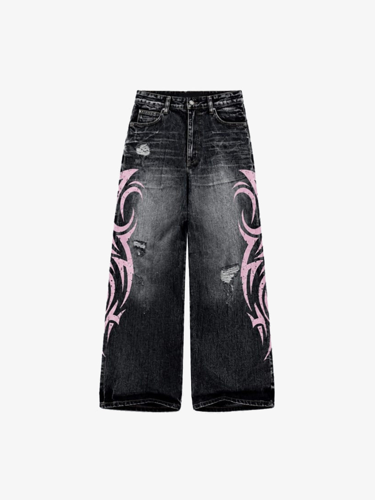 Washed Black Tribal Jeans mit pinkem Print – Vorderansicht flach | XoKool