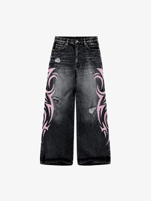 Washed Black Tribal Jeans mit pinkem Print – Vorderansicht flach | XoKool