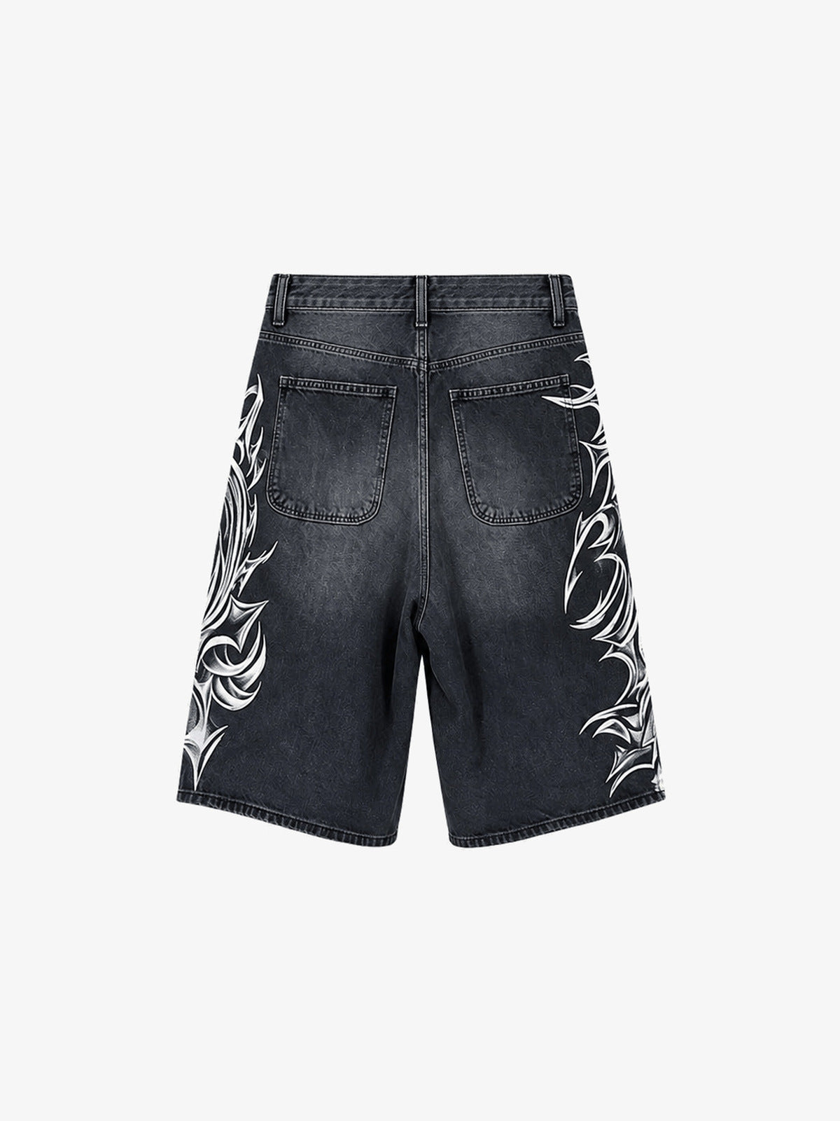 Washed Schwarze Jorts mit Tribal-Print – Rückseite flach | XoKool