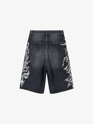 Washed Schwarze Jorts mit Tribal-Print – Rückseite flach | XoKool