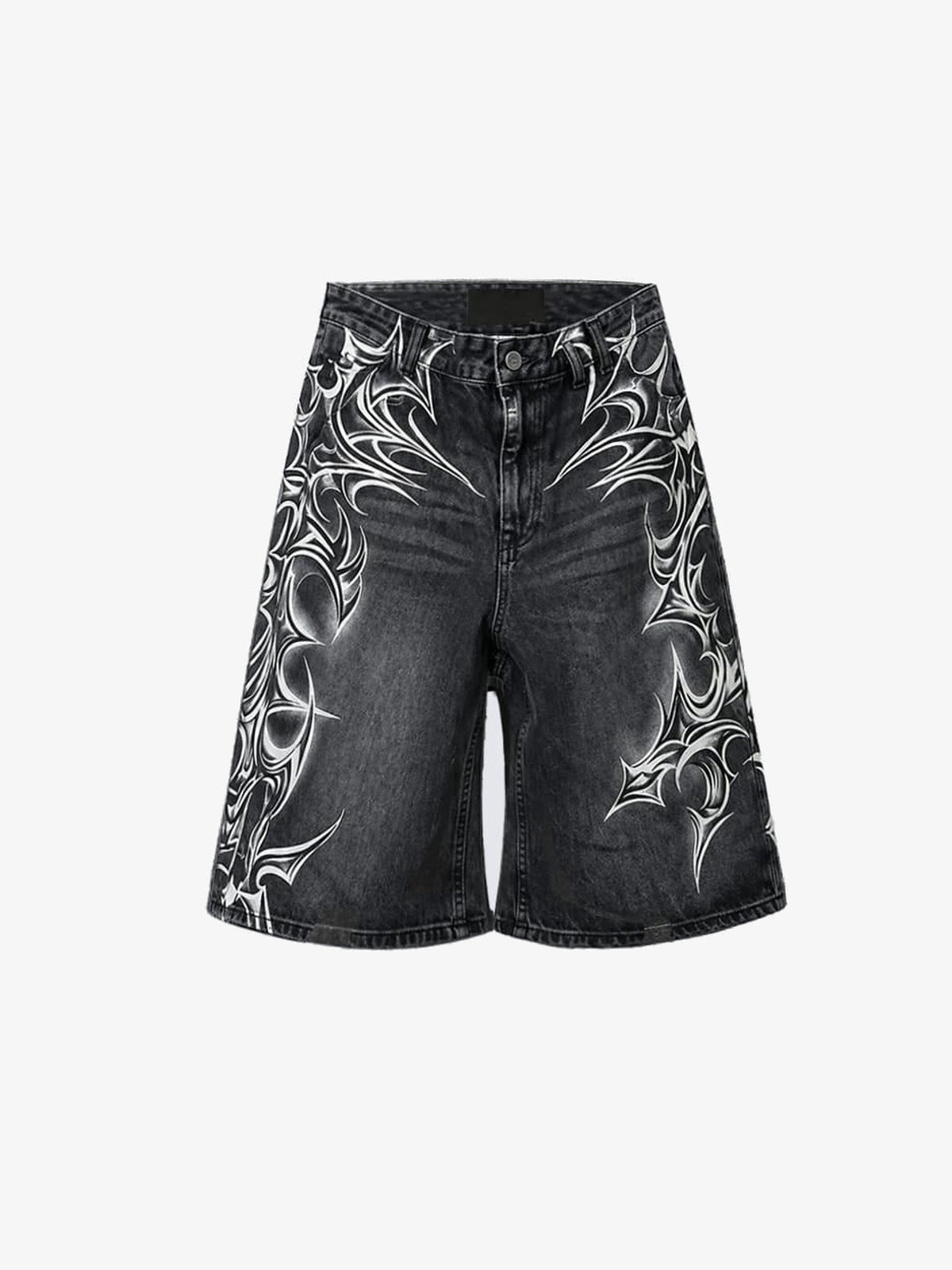 Washed Schwarze Jorts mit Tribal-Print – Vorderseite flach | XoKool