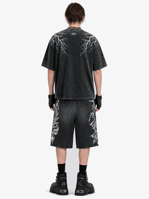 Washed Schwarze Jorts mit Tribal-Print – am Model, Rückansicht ganze Figur | XoKool
