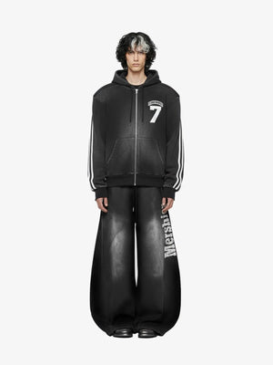 Washed Black Varsity Number Zip Up Hoodie – on model, front | XoKool