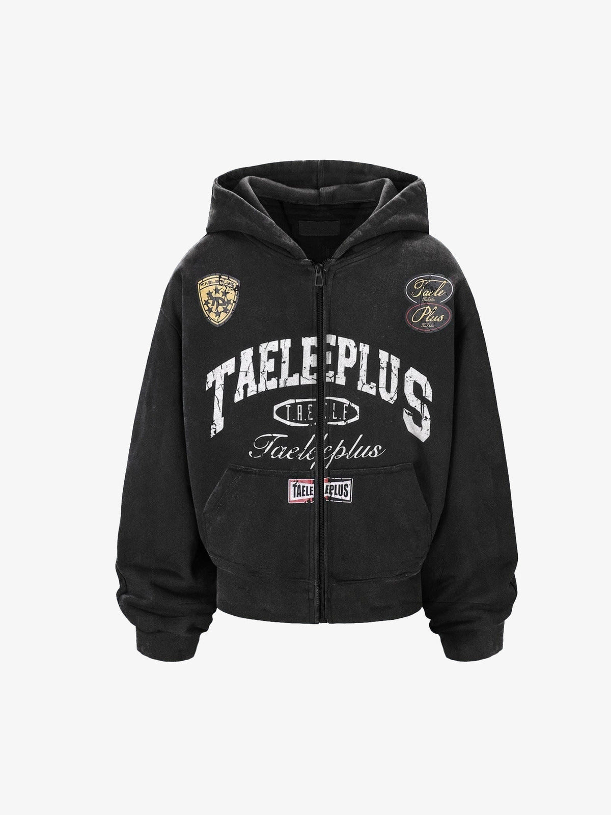 Washed Schwarzer Zip Hoodie mit Varsity-Patches – Washed Schwarz, Vorderansicht | XoKool