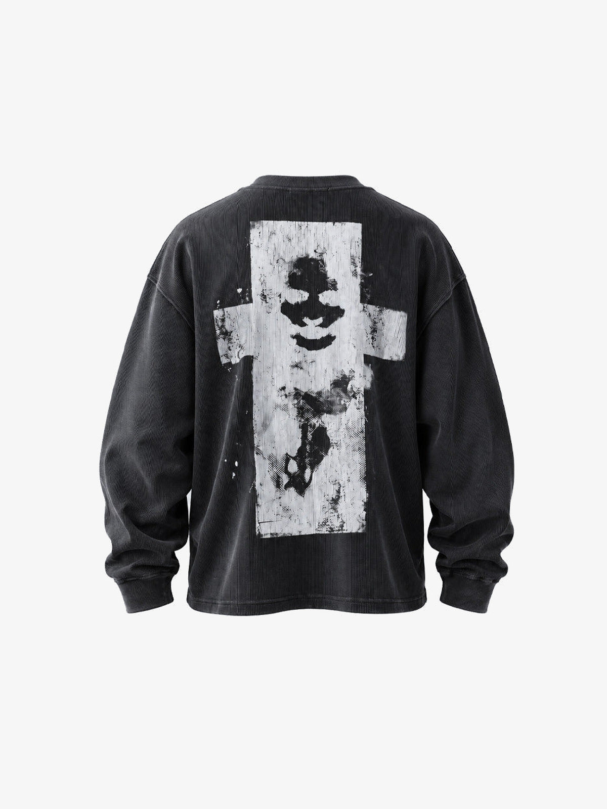 Washed Black Waffel Longsleeve mit abstraktem Print – Rückseite flach (Rückenprint) | XoKool