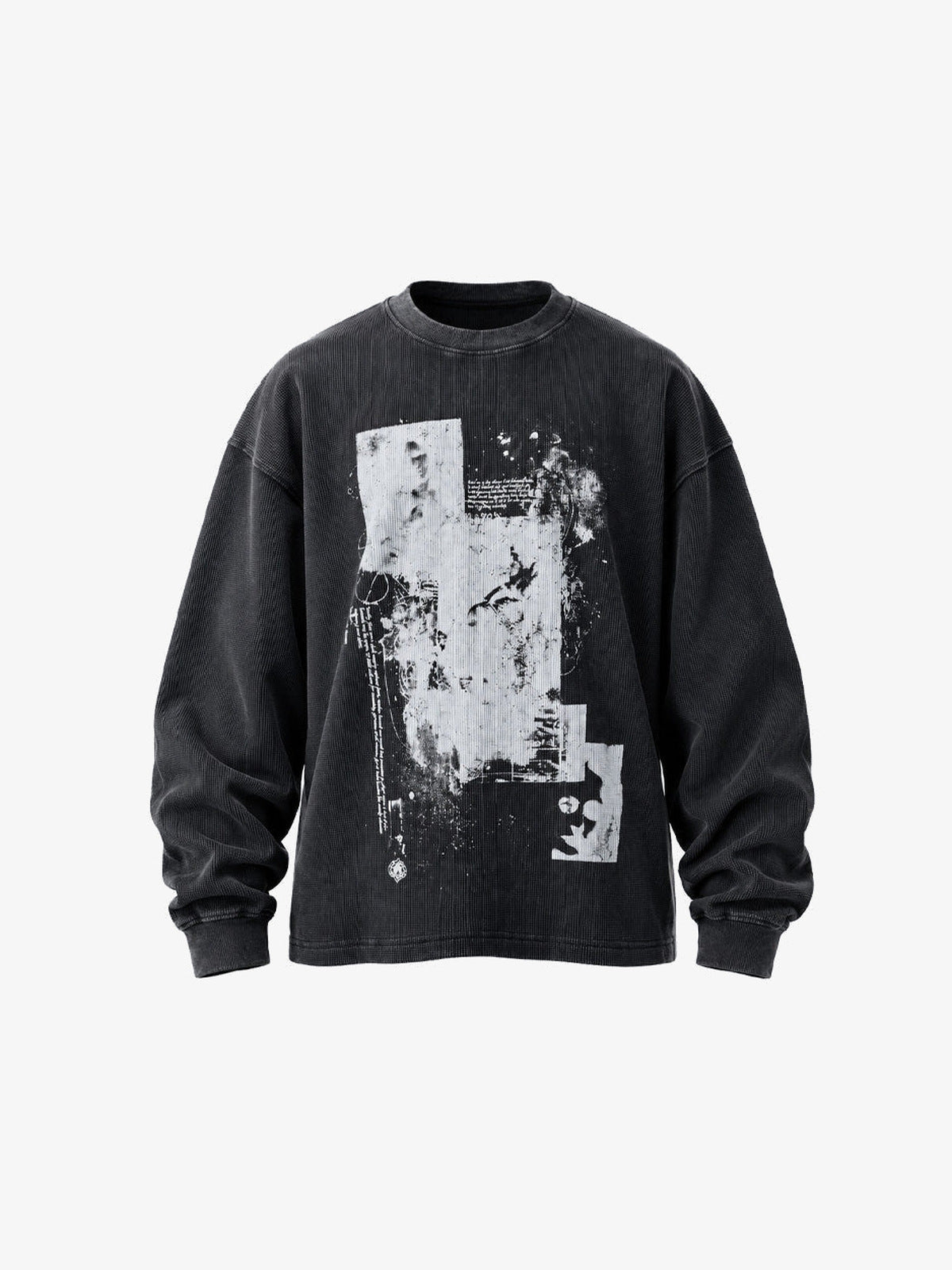 Washed Black Waffel Longsleeve mit abstraktem Print – Washed Black, Vorderseite flach | XoKool
