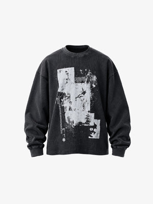 Washed Black Waffel Longsleeve mit abstraktem Print – Washed Black, Vorderseite flach | XoKool