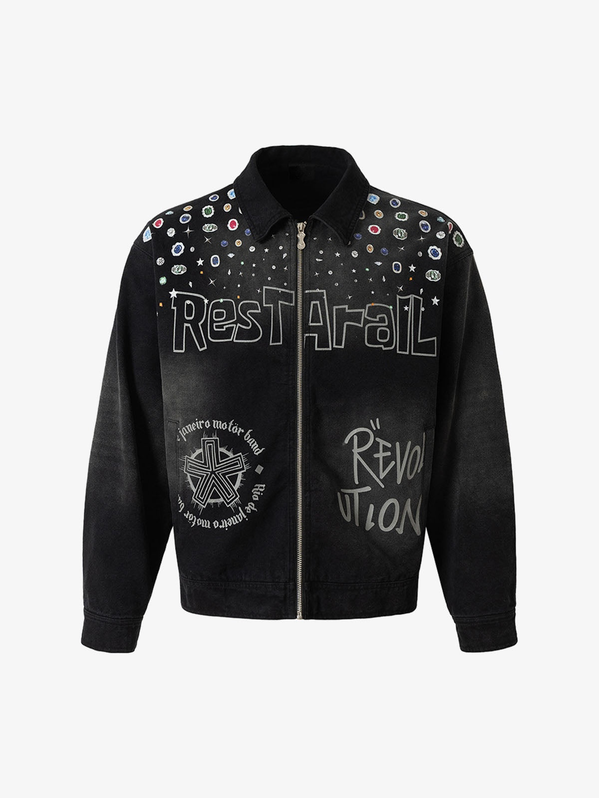 Washed Black Work Jacket with Gem Graphic Print – Washed Black, front | XoKool
