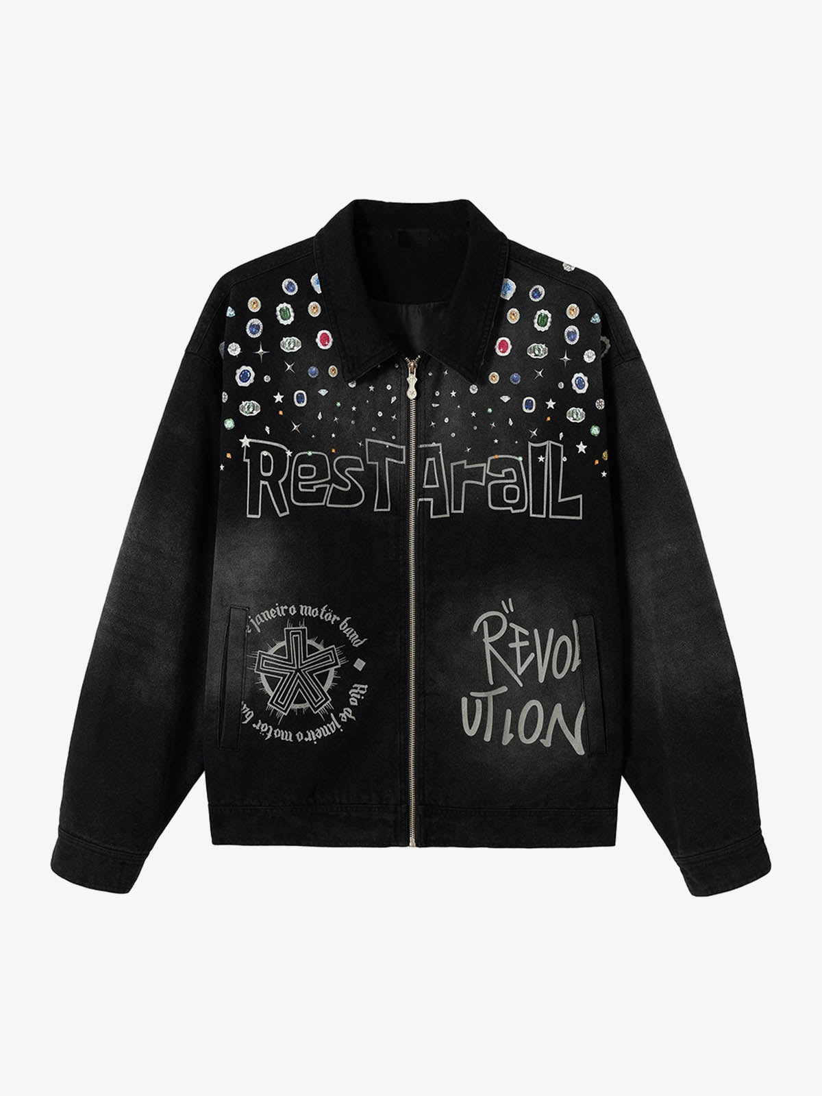 Washed Black Work Jacket with Gem Graphic Print – Washed Black, front | XoKool