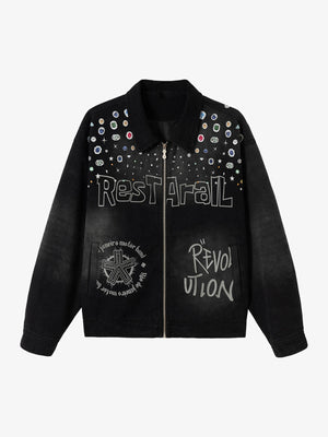 Washed Black Work Jacket with Gem Graphic Print – Washed Black, front | XoKool