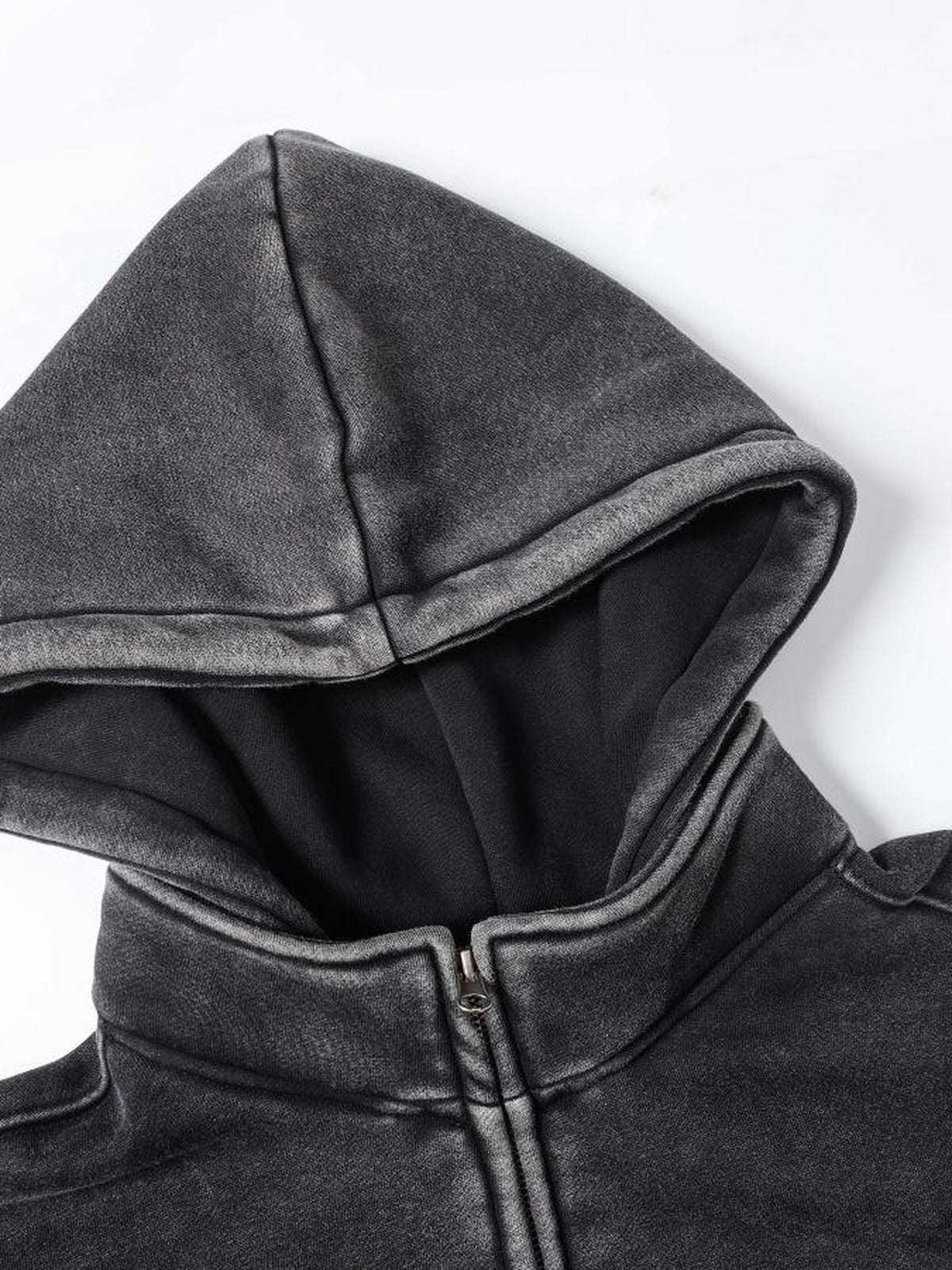Washed Black Zip Hoodie with Eyelet Pockets – hood and zip neck close-up | XoKool