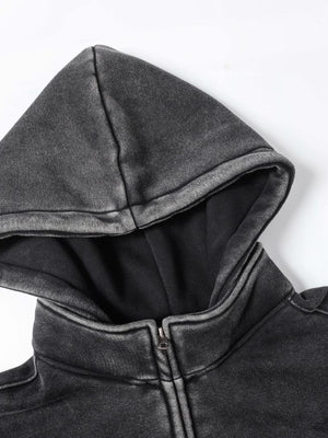Washed Black Zip Hoodie with Eyelet Pockets – hood and zip neck close-up | XoKool