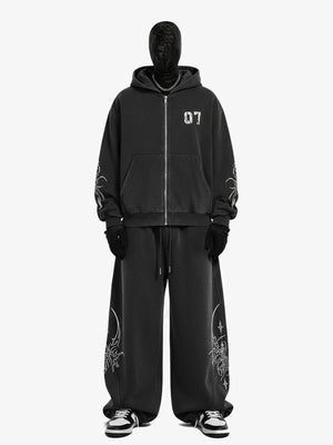 Washed Black Zip Hoodie and Sweatpants Set – on model, front full set | XoKool