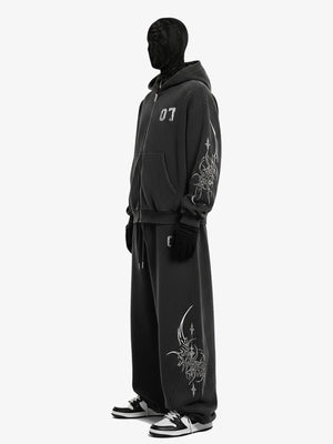 Washed Black Zip Hoodie and Sweatpants Set – on model, side full set | XoKool