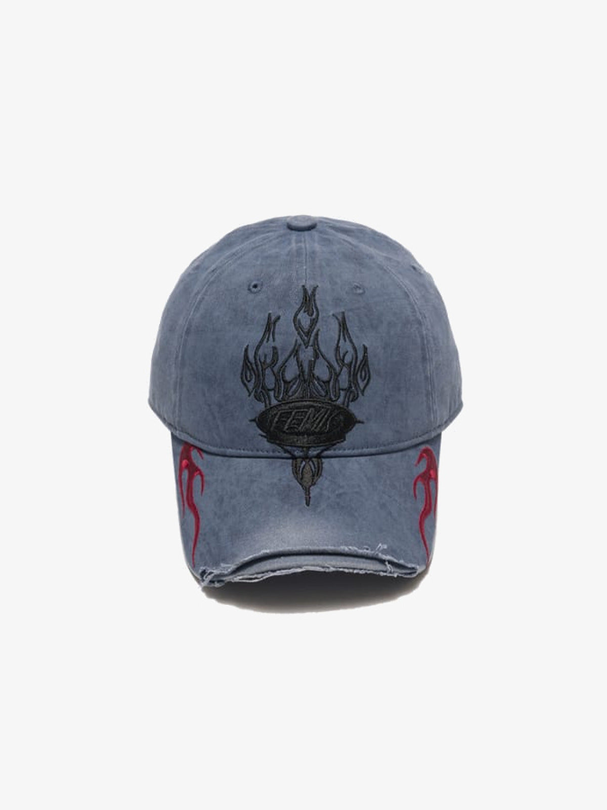 Washed Blaue Cap mit Flammen-Wappen-Stickerei – Vorderansicht | XoKool