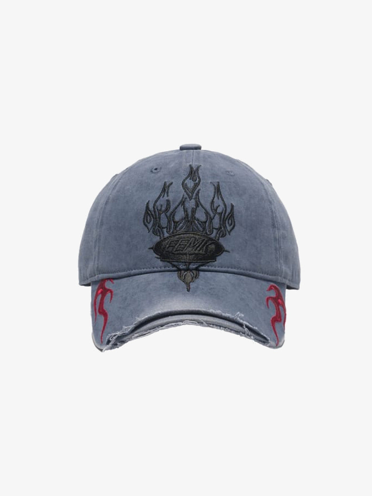 Washed Blaue Cap mit Flammen-Wappen-Stickerei – Vorderansicht | XoKool