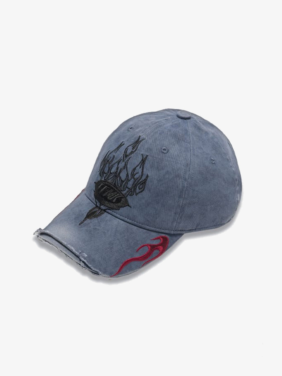 Washed Blaue Cap mit Flammen-Wappen-Stickerei – seitliche Dreiviertelansicht | XoKool