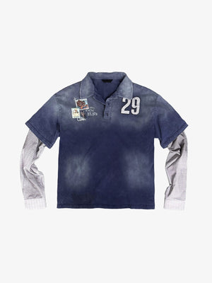Polo azul efecto lavado en capas con mangas de cuadros y parches – vista frontal plana | XoKool