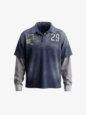 Polo azul efecto lavado en capas con mangas de cuadros y parches – frente | XoKool