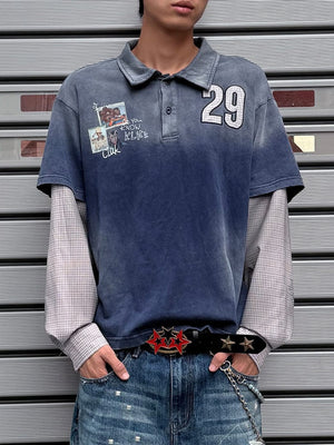 Polo azul efecto lavado en capas con mangas de cuadros y parches – en modelo, frente | XoKool