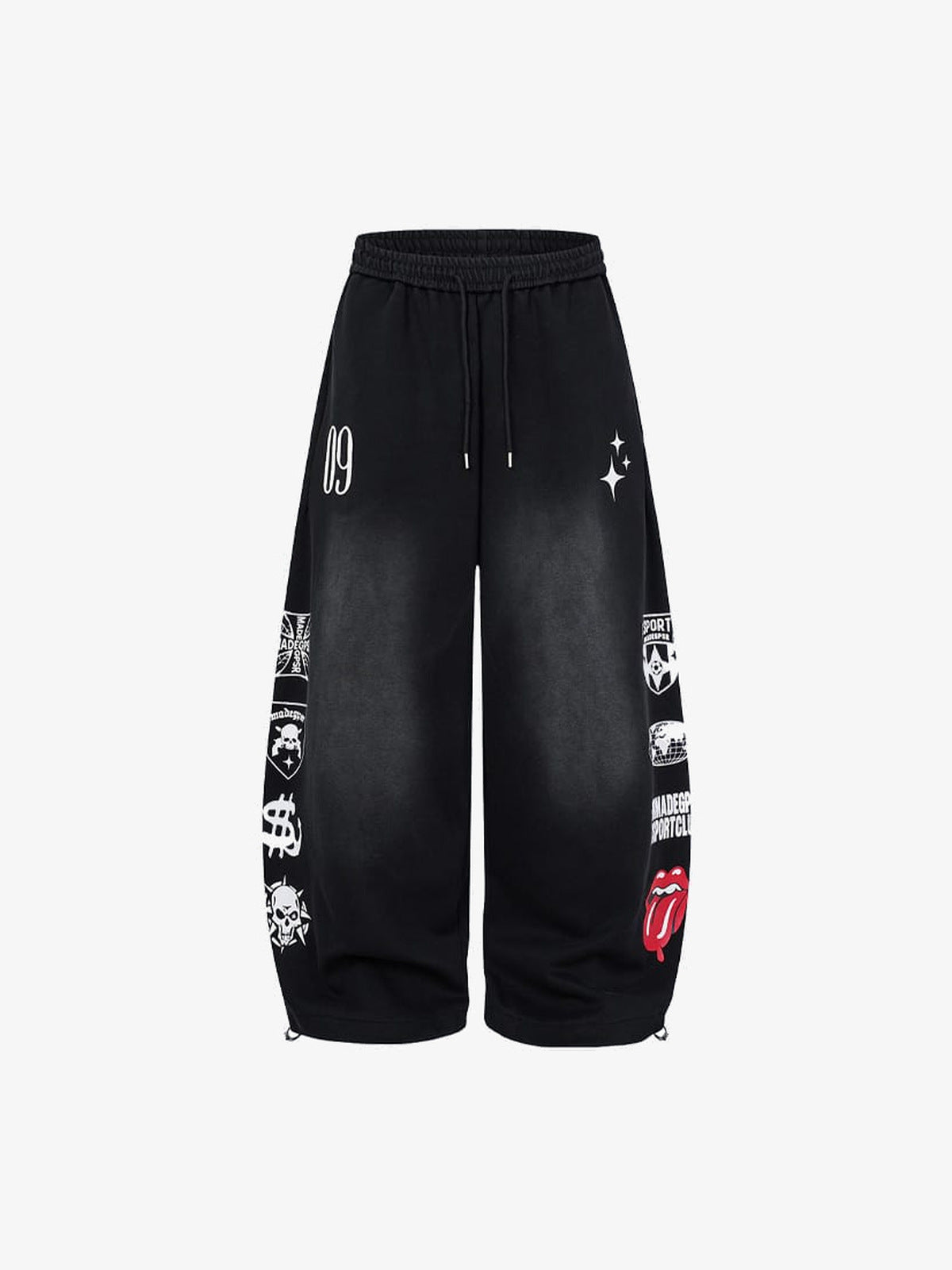 Washed Blaue Jogginghose mit seitlichen Grafikprints – Schwarz, Vorderansicht | XoKool