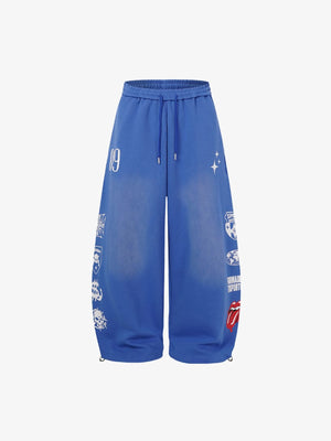 Washed Blaue Jogginghose mit seitlichen Grafikprints – Blau, Vorderansicht | XoKool