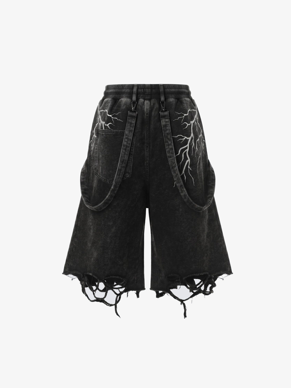 Shorts deportivos con correas y estampado de rayo, efecto lavado – negro lavado, frente plano | XoKool