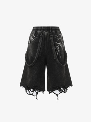 Shorts deportivos con correas y estampado de rayo, efecto lavado – negro lavado, frente plano | XoKool