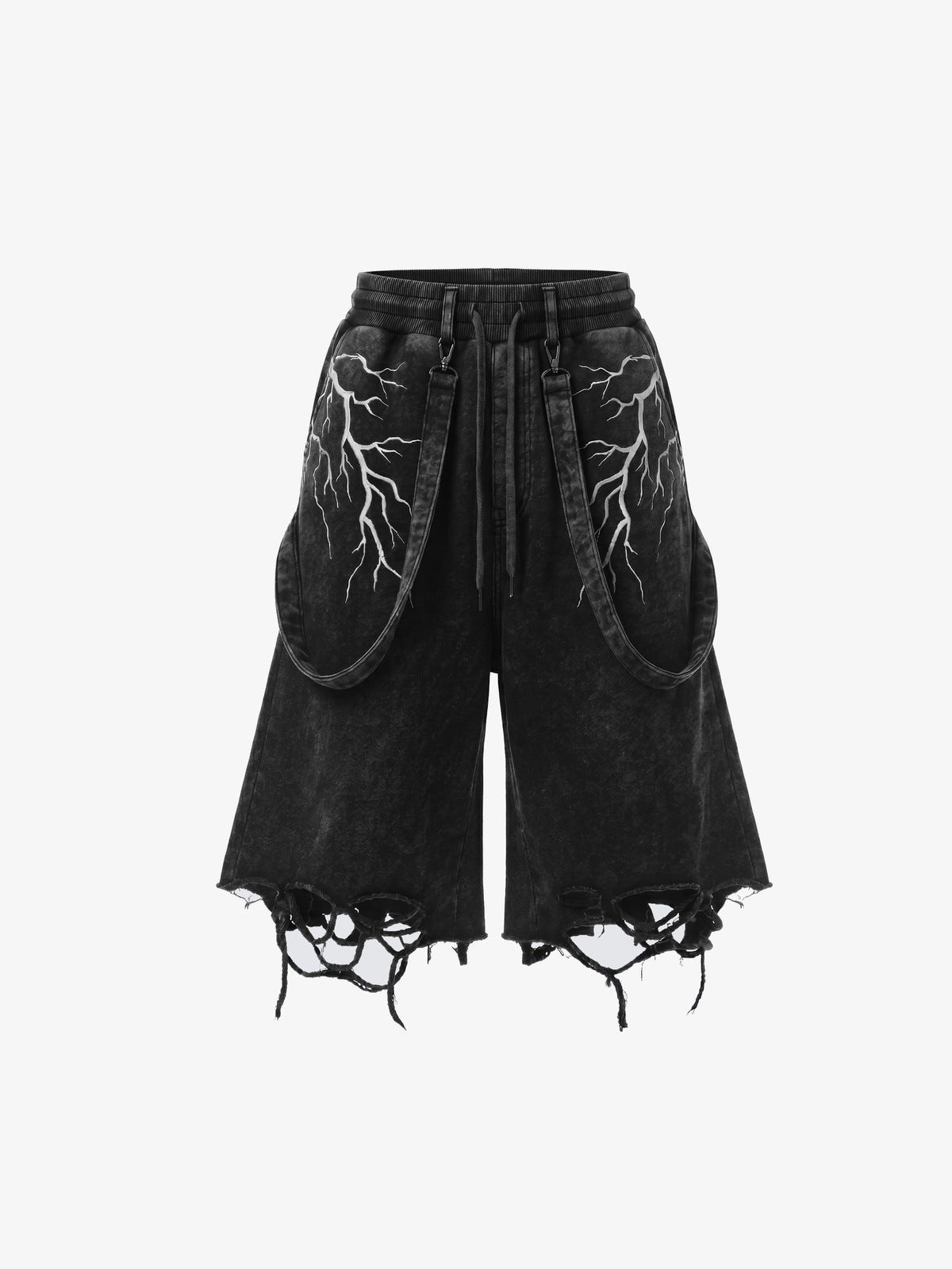Washed Jogging-Shorts mit Blitz-Grafik und Riemen – Washed Schwarz, Vorderseite flach | XoKool