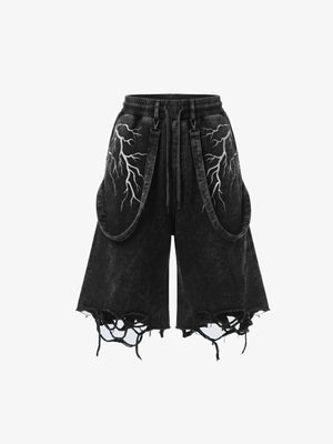 Shorts deportivos con correas y estampado de rayo, efecto lavado – negro lavado, frente plano | XoKool