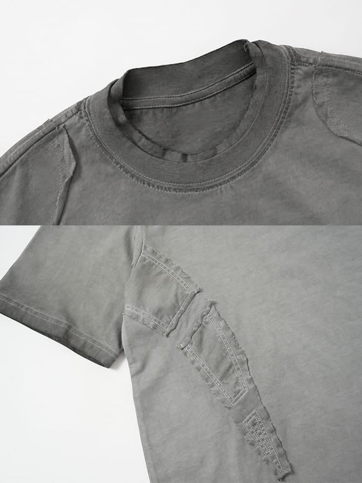 Washed Boxy T-Shirt – Grau, Kragen und Seiteneinsatz Nahaufnahme | XoKool