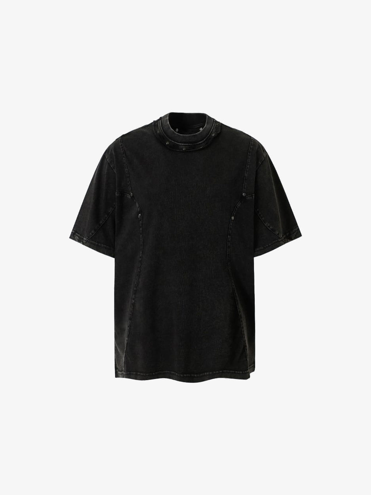 Washed Boxy Tee with Curved Panel Seams and Rivets – Washed Black, front | XoKool