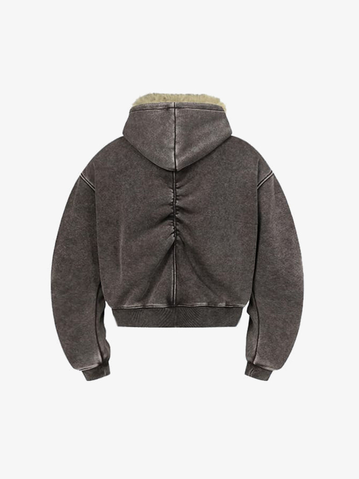 Washed Brown Zip Hoodie mit Fellkapuze – Braun, Rückansicht | XoKool