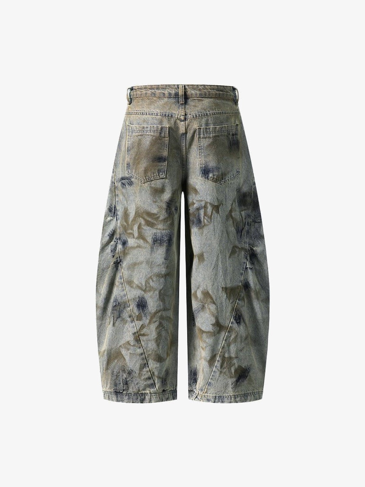 Jeans barrel de camuflaje con efecto lavado y dobladillo vuelto – espalda en plano | XoKool