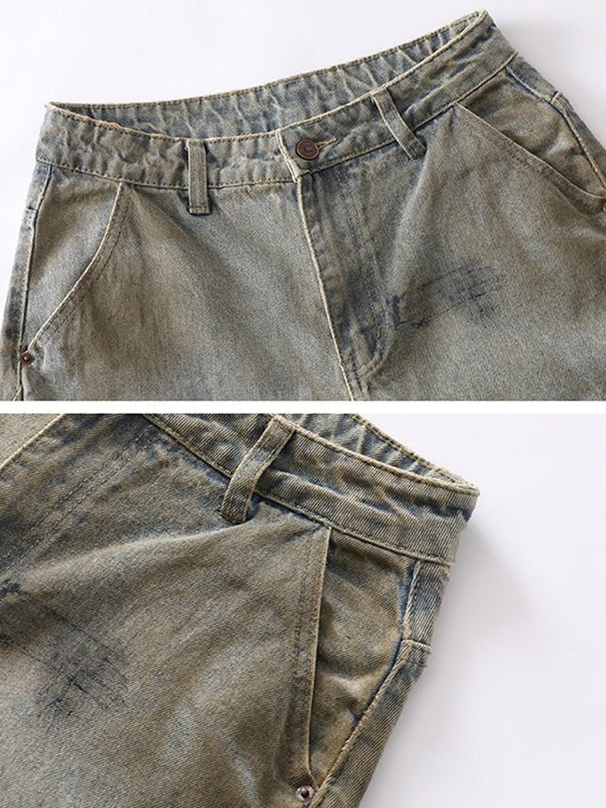 Jeans barrel de camuflaje con efecto lavado y dobladillo vuelto – detalle de cinturilla y bolsillo delantero | XoKool