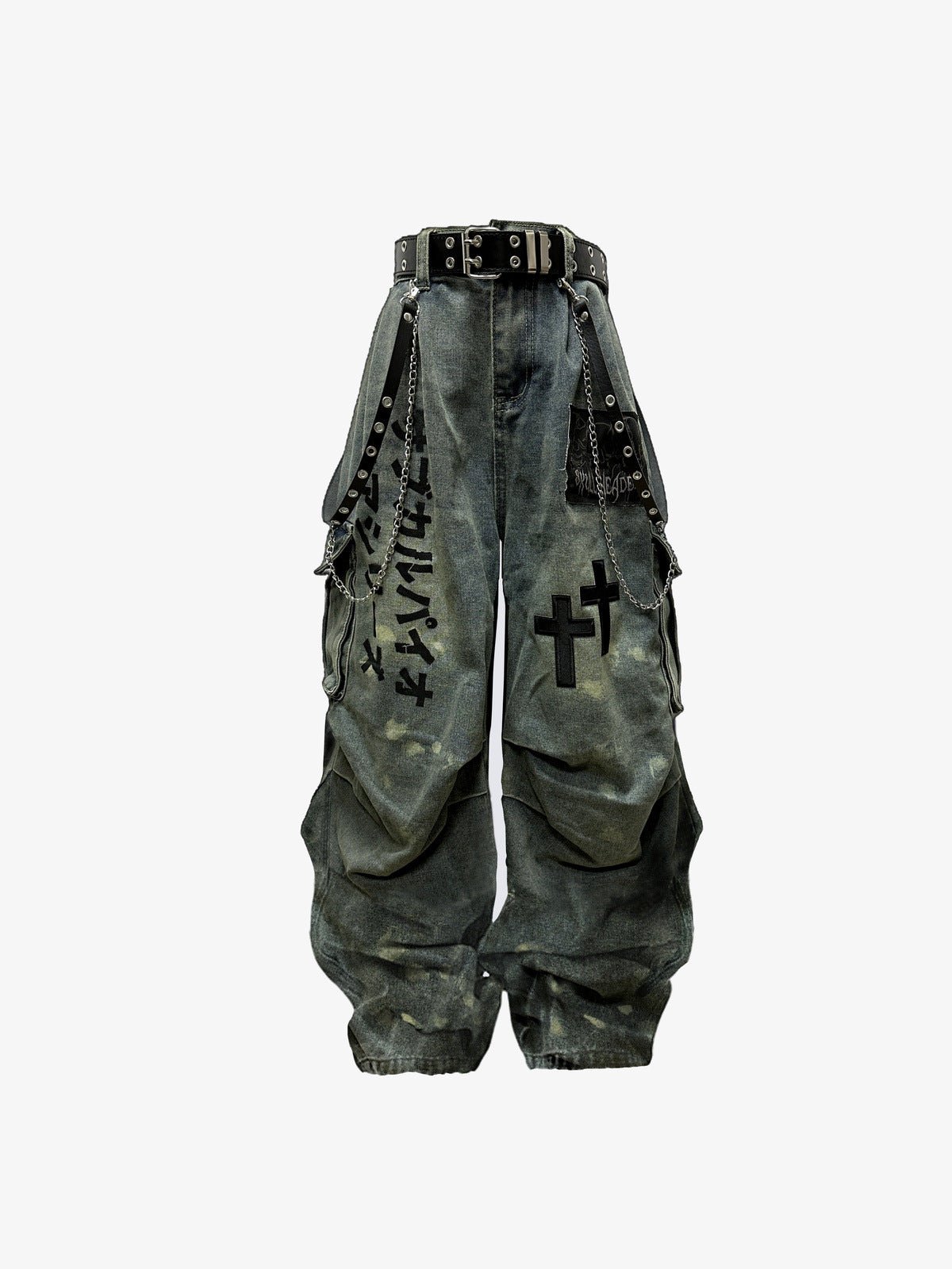 Washed Cargo Jeans mit Kreuz-Print und Kette – Olivgrau, Vorderansicht | XoKool