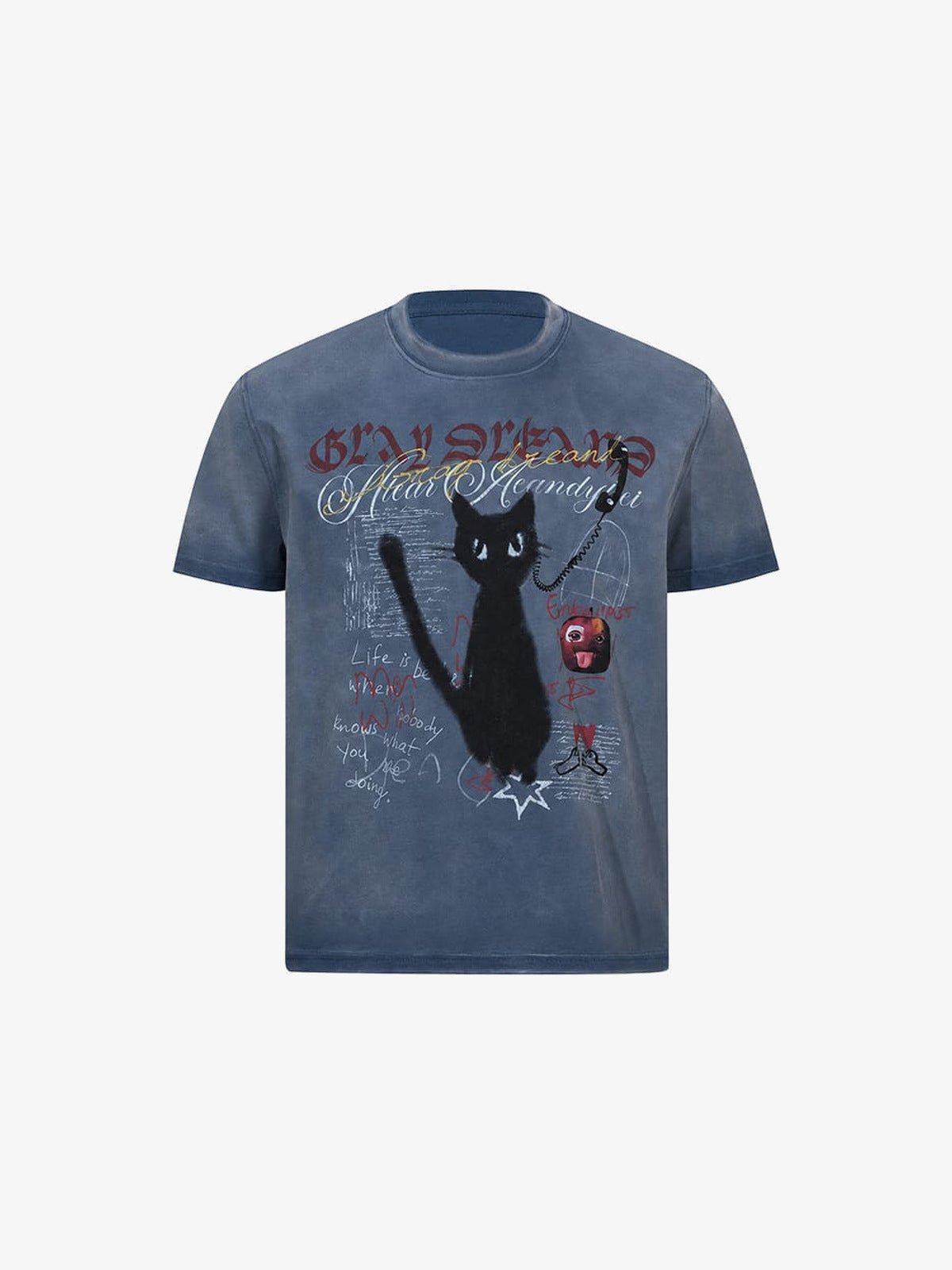 Washed Cat T Shirt with Red Apple Print – Blue, front flat | XoKool