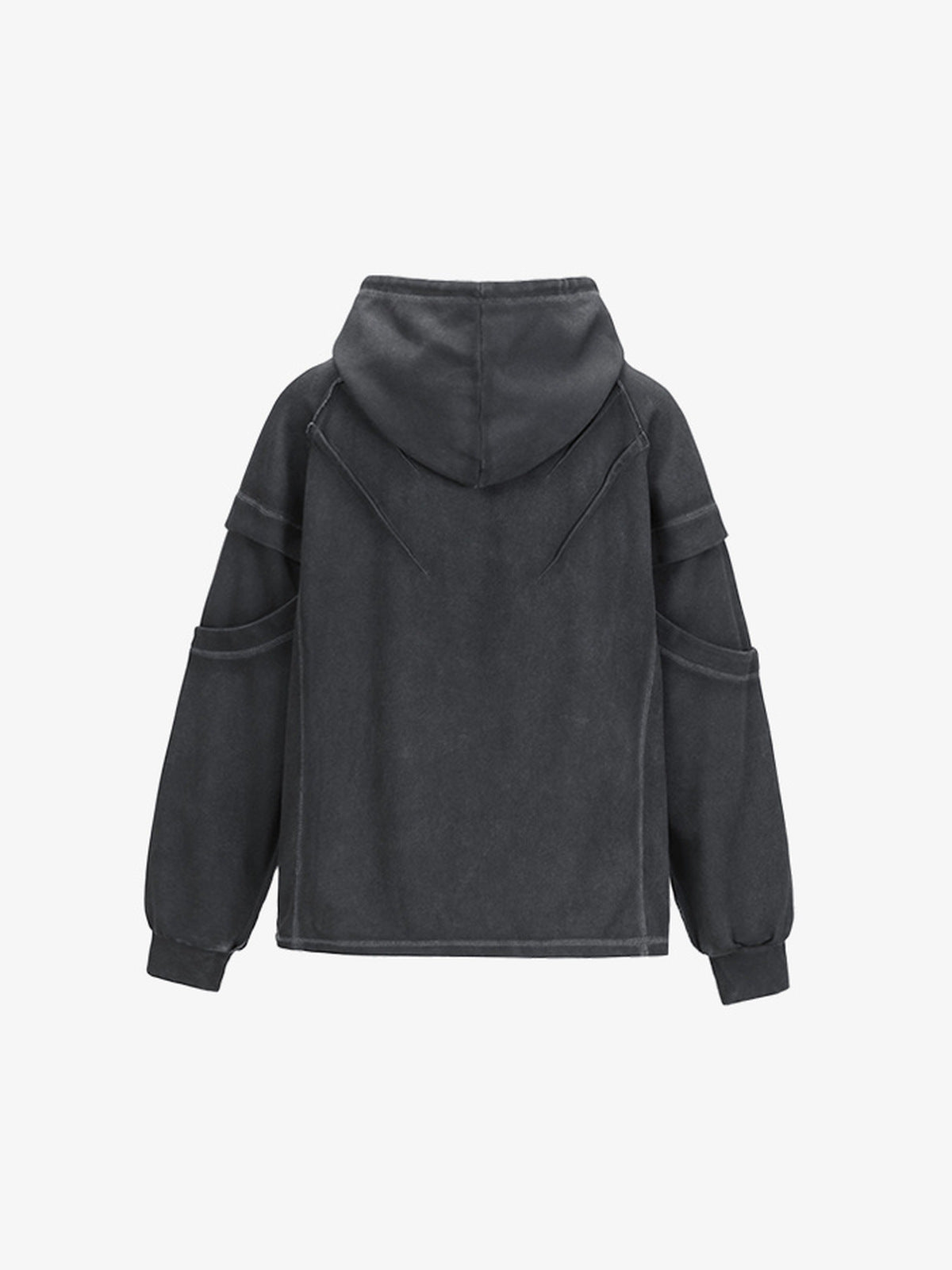 Washed Charcoal Hoodie with Exposed Seams – Charcoal, back flat | XoKool