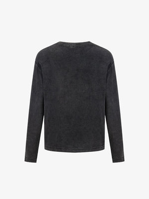 Washed Charcoal Long Sleeve Tee with Faded Poster Print – back view | XoKool