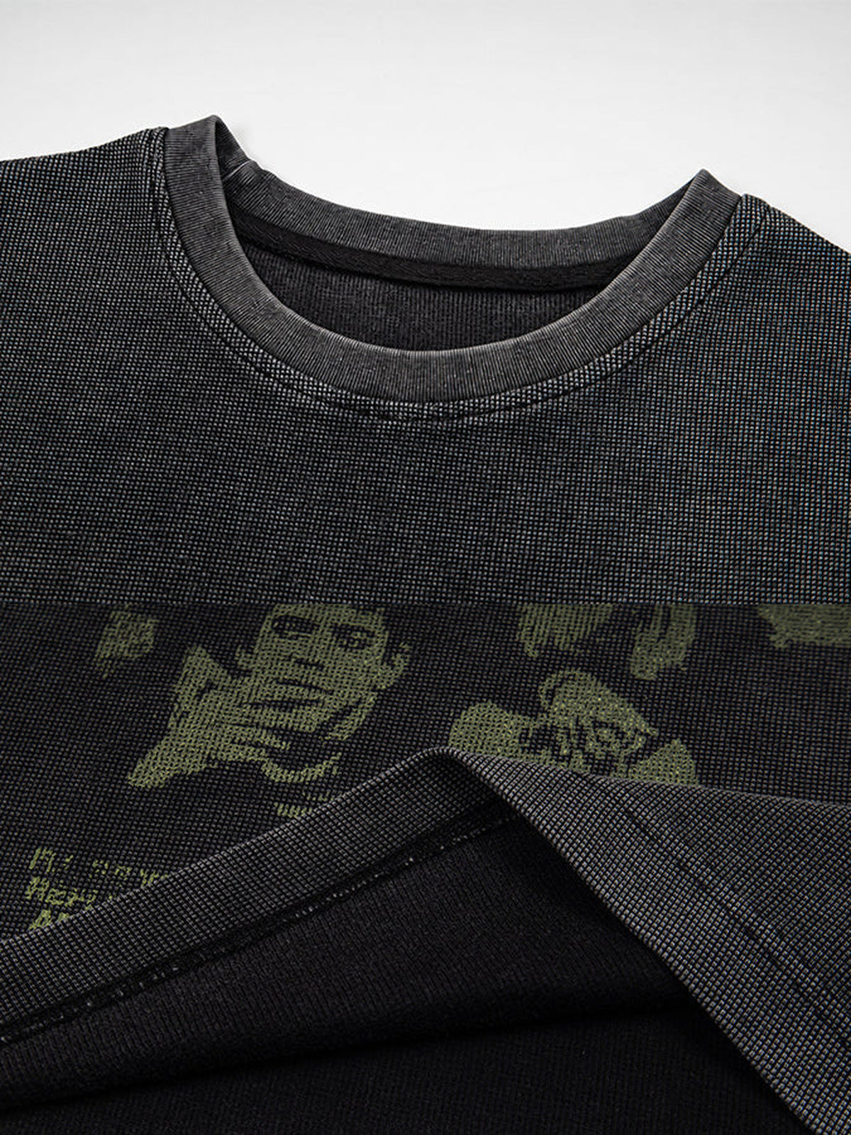 Washed Charcoal Long Sleeve Tee with Faded Poster Print – collar and print close-up | XoKool