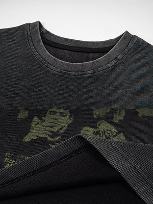 Washed Charcoal Long Sleeve Tee with Faded Poster Print – collar and print close-up | XoKool