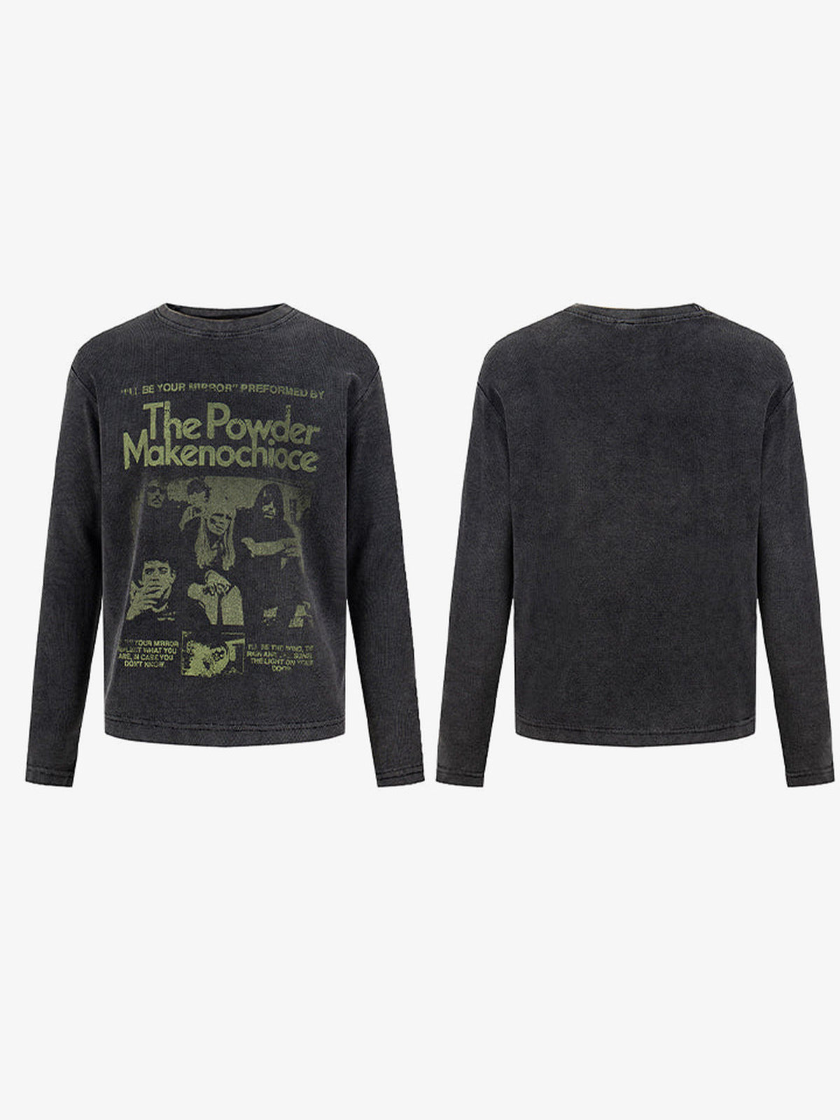 Washed Charcoal Long Sleeve Tee with Faded Poster Print – front and back view | XoKool