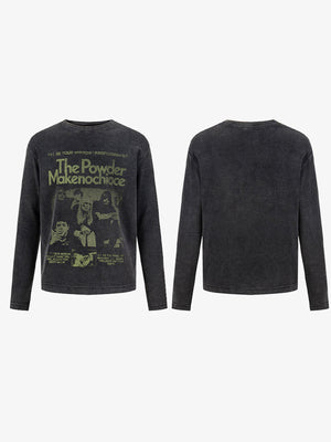 Washed Charcoal Long Sleeve Tee with Faded Poster Print – front and back view | XoKool