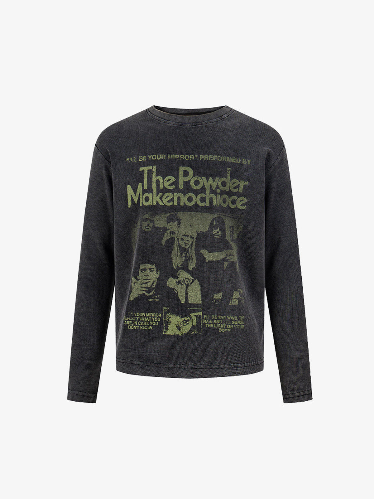 Washed Charcoal Long Sleeve Tee with Faded Poster Print – front view | XoKool