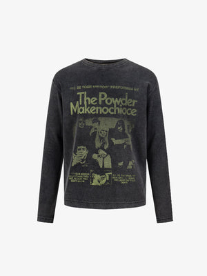 Washed Charcoal Long Sleeve Tee with Faded Poster Print – front view | XoKool